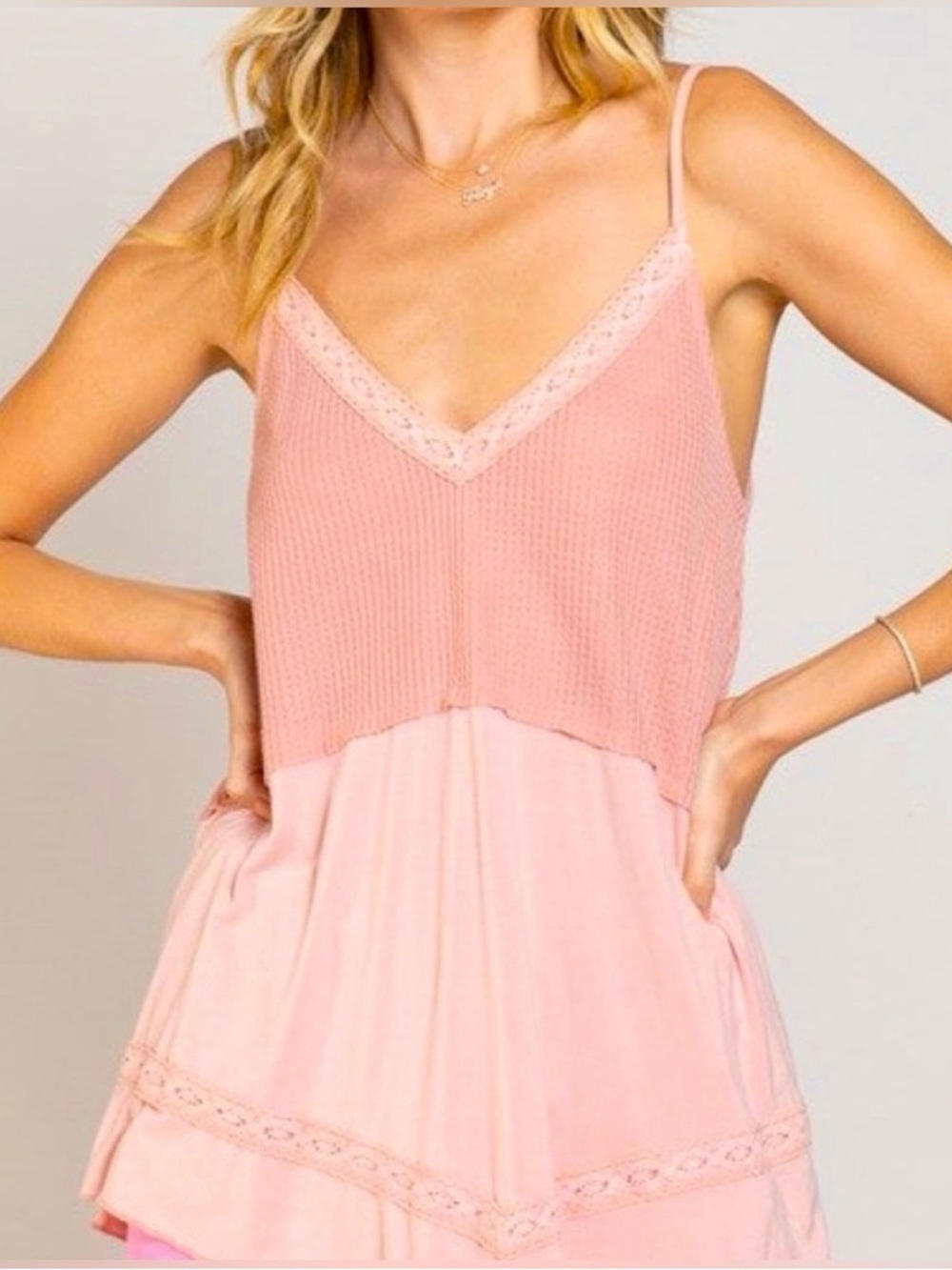 POL Pink Lace Trim Babydoll Cami Tank Top
